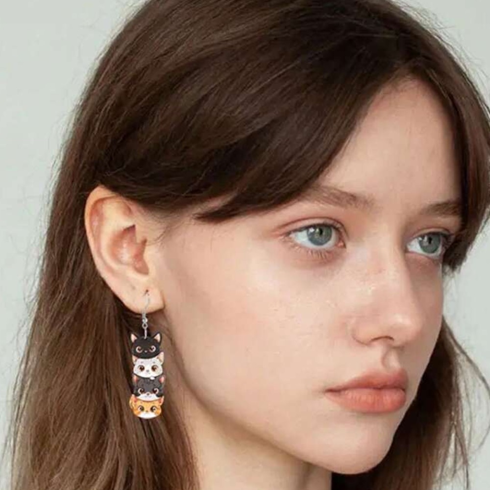 NEW| Charming Cat Theme Dangle Acrylic Earrings - Picture 3 of 6
